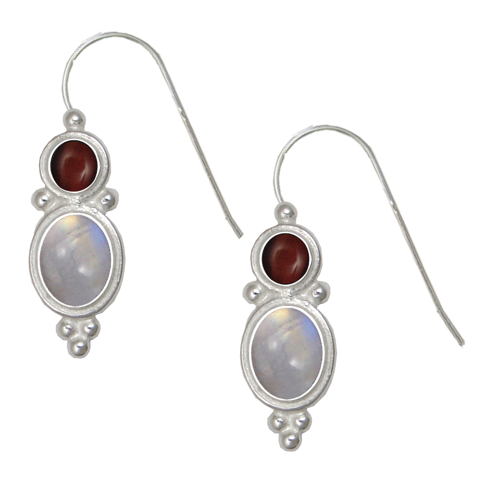 Sterling Silver Drop Dangle Earrings Rainbow Moonstone And Red Tiger Eye